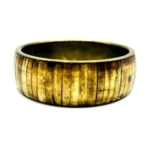 Vintage Inlaid Dyed Bovine Bone Brown Mosaic Brass Bangle Bracelet 8"